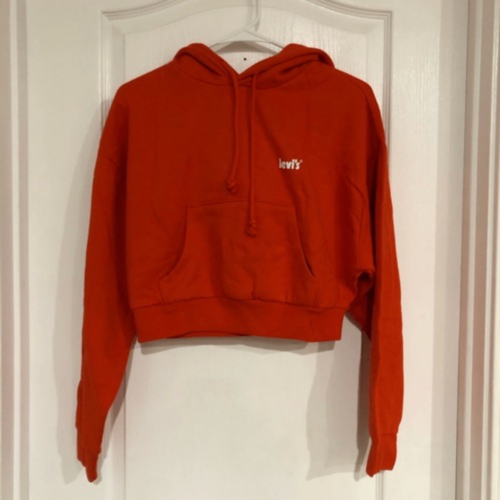 Levis Womens Orange Cropped Hoodie Sweatshirt Logo Graphic Size Large NWT - Picture 2 of 5